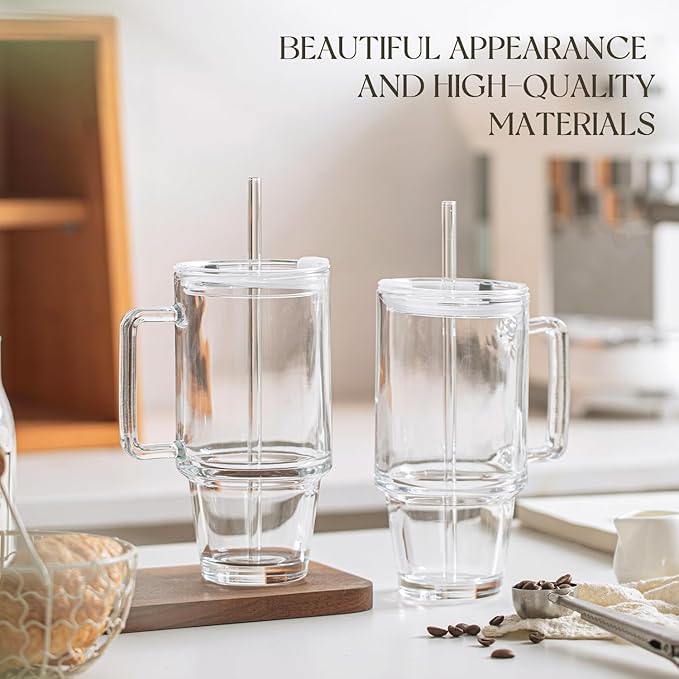 KEMORELA 24 Oz Ribbed Glass Tumblers with Lids and Straws, Tumbler Cup with Handle, Iced Coffee Glassware, Clear Reusable Drinkware for Smoothies and Beverages (1)