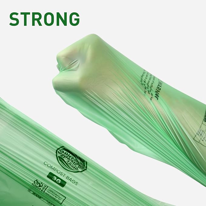 RAYTID 150 Counts 1.6 Gallon (1.6-1.75-2 Gal) Compost bin kitchen Bags, Fit 4.5,6,7,8 Liters,Strong compost bags for countertop bin,ASTM D6400, US BPI and Europe OK compost HOME certified