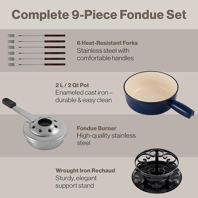 Swissmar Lugano Cast Iron Cheese Fondue Set, 9-Piece, 2 QT / 2 L - Ideal for Melting Cheese, Chocolates, Caramel, & More - Perfect for Kitchen Collection & Gift Giving - Deep Blue