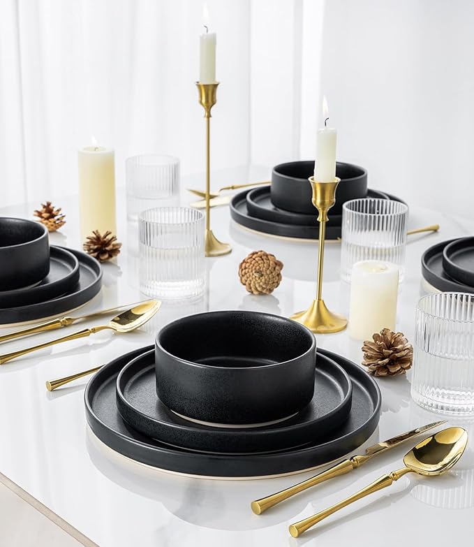 TheTerra Ceramic Dinnerware Sets for 6, 18 Pieces Handmade Reactive Glaze Plates and Bowls Set, Scratch Resistant Dish Set, Oven & Microwave & Dishwasher Safe, Matte Black