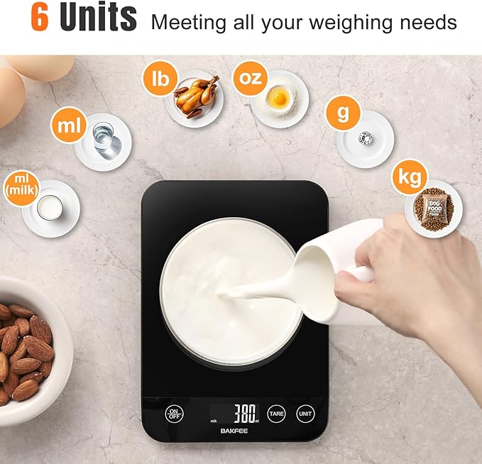 33lb Digital Kitchen Scale, Food Scale Rechargeable with Tempered Glass, Grams and Ounces, USB Charging, 1g High Accuracy for Baking, Cooking, Food BK807