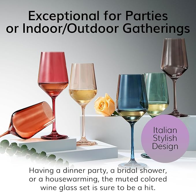 Colored Crystal Wine Glasses - Water & Wine 12oz | Set of 6 | Cute Pastel Muted Crystal Cocktail Glassware, Unique Gift Wife, Her, Mom, Friend Goblet Cocktails, Red & White Tall Stemmed Drinkware