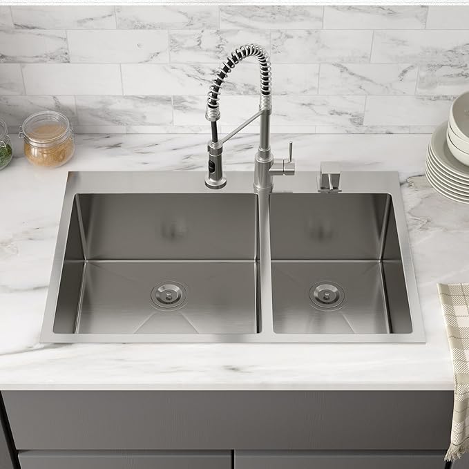 Drop In Kitchen Sink Double Bowl - Funmier 33 Inch Double Bowl Kitchen Sink 60/40 33"x22" Stainless Steel 16 Gauge Deep Bowl Basin