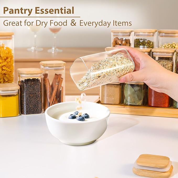 12 Pack 10 oz Square Glass Spice Jars with Lids and Labels – Airtight Small Spice Containers Set, Clear Glass Storage Jars for Seasoning, Spices, Kitchen Pantry Organization