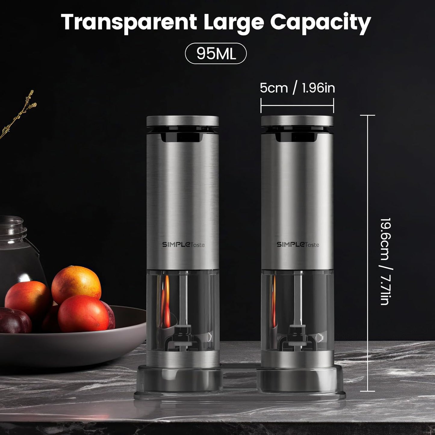 SIMPLETASTE Electric Salt and Pepper Grinder Set Rechargeable with LED Light, Stainless Steel, 70g Capacity for Kitchen, Dining Room, Bar