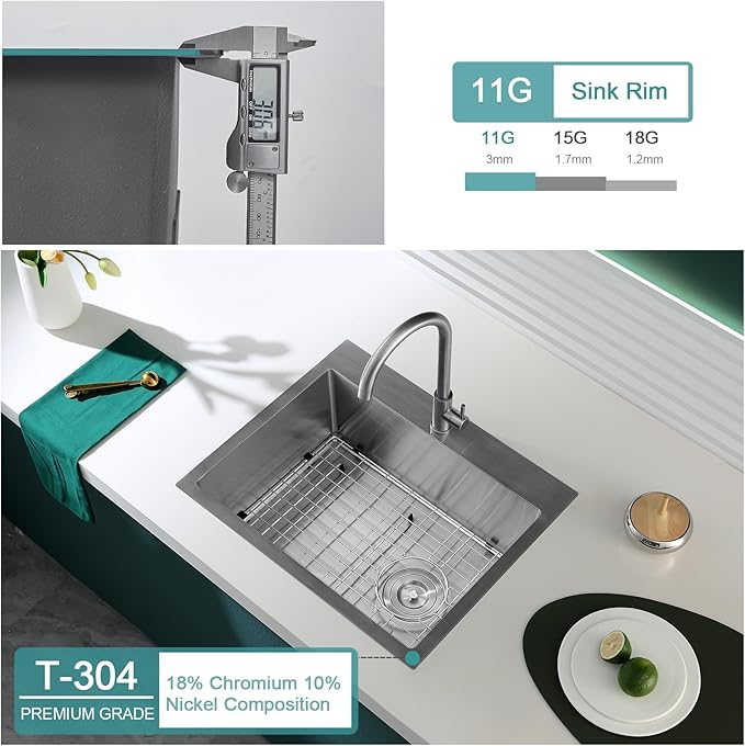 22 inch Drop-in Kitchen Sink Single Bowl, Small Topmount Kitchen Sink with Protective Bottom Grid, Overmount 304 Stainless Steel Kitchen Bar Sink Handmade with Basket Strainer, 22×18×9 inch