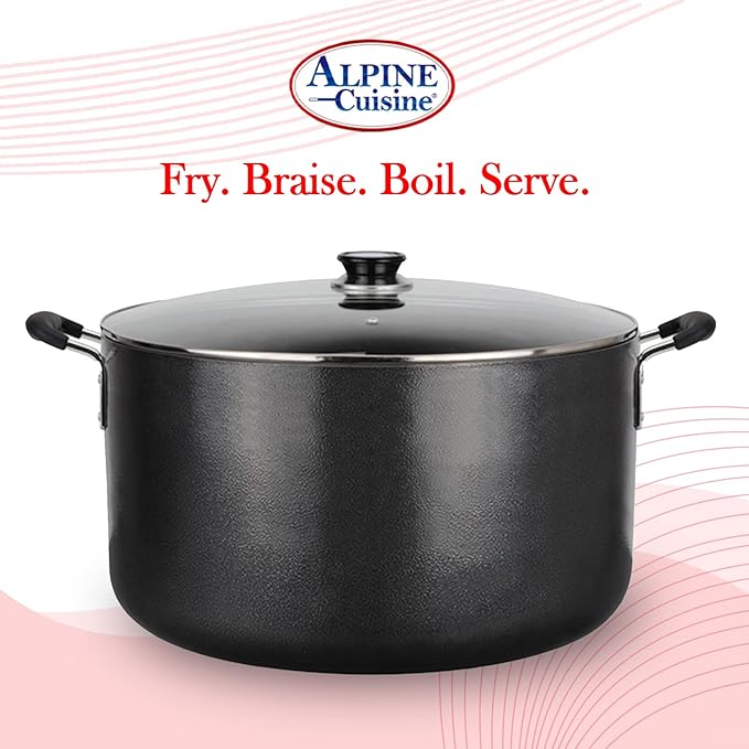 Alpine Cuisine 30 Quart Non-stick Stock Pot with Tempered Glass Lid and Carrying Handles, Multi-Purpose Cookware Aluminum Dutch Oven for Braising, Boiling, Stewing