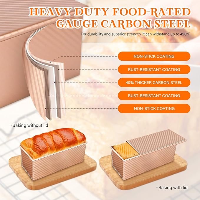 Pullman Loaf Pan Set with Lids – 2 Pack Nonstick Bread Pans for Baking, 2.2lb & 1lb Dough Capacity, Carbon Steel Sandwich Toast Mold for Shokupan, Pain de Mie & Sourdough with Baking Tools