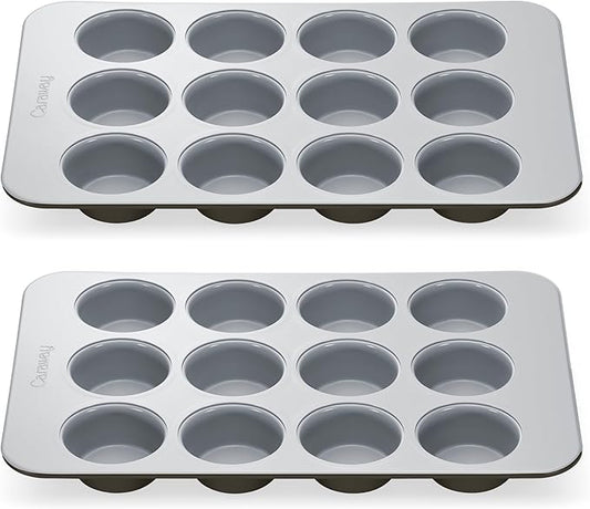 Caraway Non-Stick Ceramic 12-Cup Muffin Pan Duo - Naturally Slick Ceramic Coating - Non-Toxic, PTFE & PFOA Free - Perfect for Cupcakes, Muffins, and More - Black