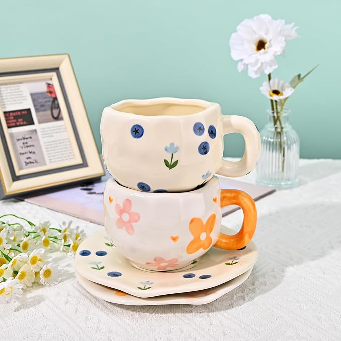 Koythin Ceramic Coffee Mug with Saucer Set, Cute Creative Orange Flower Cup Unique Irregular Design for Office and Home, 10 oz/300 ml for Latte Tea Milk