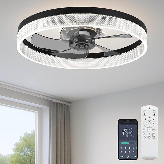 20‘’ Ceiling Fan with Light, Upgraded Low Profile Fan, Flush Mount Ceiling Fan, 6 Speeds, Dimmable LED, App & Remote Control, Quiet DC Motor, for Bedroom, Living Room, F093 Black-D