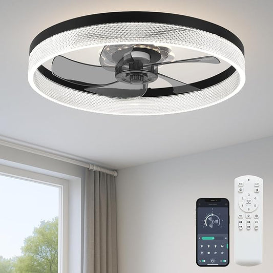20‘’ Ceiling Fan with Light, Upgraded Low Profile Fan, Flush Mount Ceiling Fan, 6 Speeds, Dimmable LED, App & Remote Control, Quiet DC Motor, for Bedroom, Living Room, F093 Black-D
