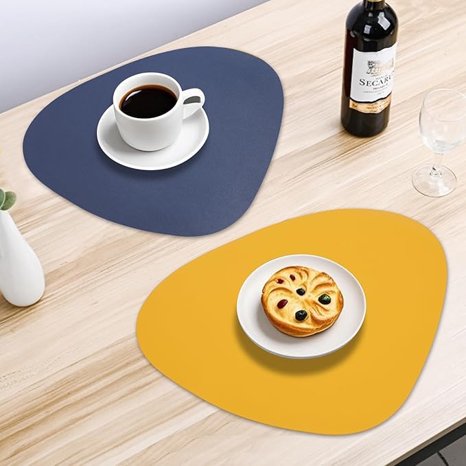 Faux Leather Placemats Set of 6 Waterproof,Round Reversible PU Placemat for Dining Table,Heat Resistant Wipeable Anti Slip Table Mats,Modern Table Protectors(Navy Blue and Yellow)