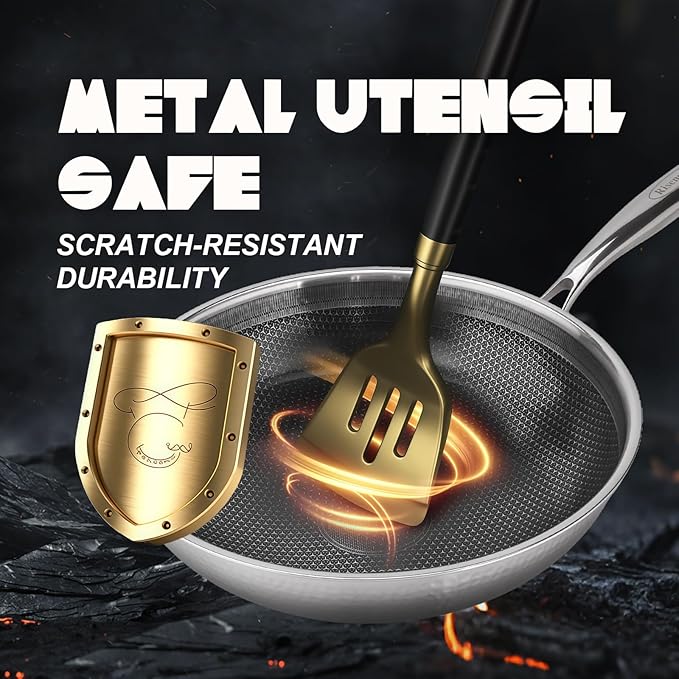 Hybrid Non Stick Wok, 13 inch Frying Pans Nonstick, Stainless Steel woks, PFOA Free Cookware, Dishwasher and Oven Safe, Induction Compatible