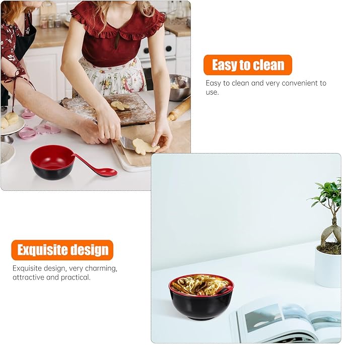 Practical Melamine Ramen Bowls with Spoons Black Red Soup and Rice Bowls Non-absorbent Asian Noodle Dinnerware for Hot Food Easy to Clean Kitchen Container Kit