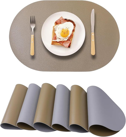 Oval Faux Leather Placemats Set of 6,Reversible PU Placemat for Dining Table,Waterproof Heat Resistant Wipeable Anti Slip Table Mats,Modern Table Protectors(Grey and Gold)