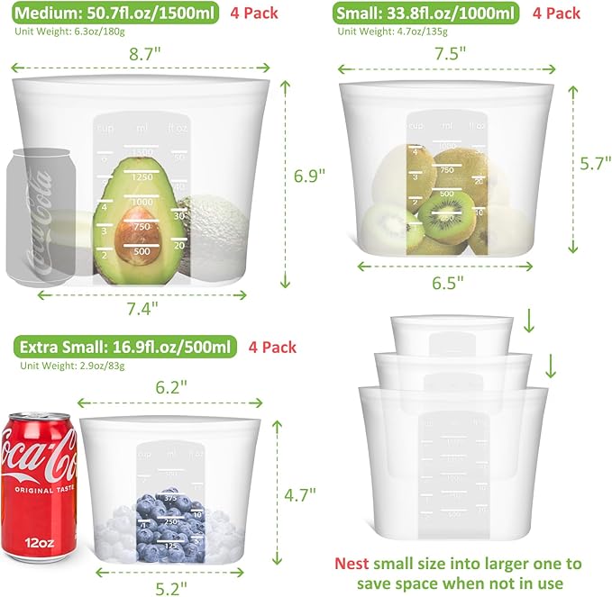 Reusable Storage Bag, 12 Pack 100% Silicone Food Storage Bags Stand Up Silicone Zip Lock Bags for Food Container, Freezer Microwave Oven Dishwasher Safe, 4 Medium 4 Small 4 Extra Small, Translucent