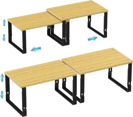 Expandable Kitchen Cabinet Organizer Shelves – Stackable Adjustable Metal and Wood Storage Racks for Countertop, Pantry, Garage Set of 2 Spice Rack – Easy Assembly, Space-Saving(2 Packs/Medium/Black)