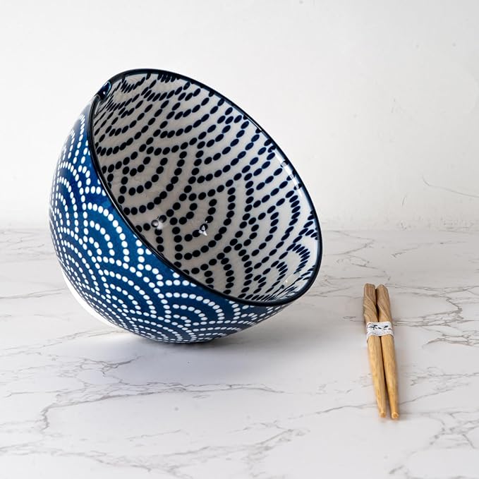 Urban Tokyo Porcelain Japanese Motif Design Ramen Udon Noodle Rice Bowl With Chopsticks 20 fl oz 6 inch Diameter Bowl Sets Color Box Packaging (Seigaiha Waves)