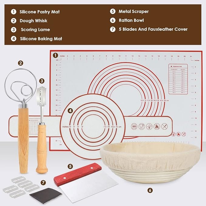 Wwyybfk Banneton Bread Proofing Basket, Sourdough Bread Baking Supplies, 9.8" Sourdough Proofing Basket Kit