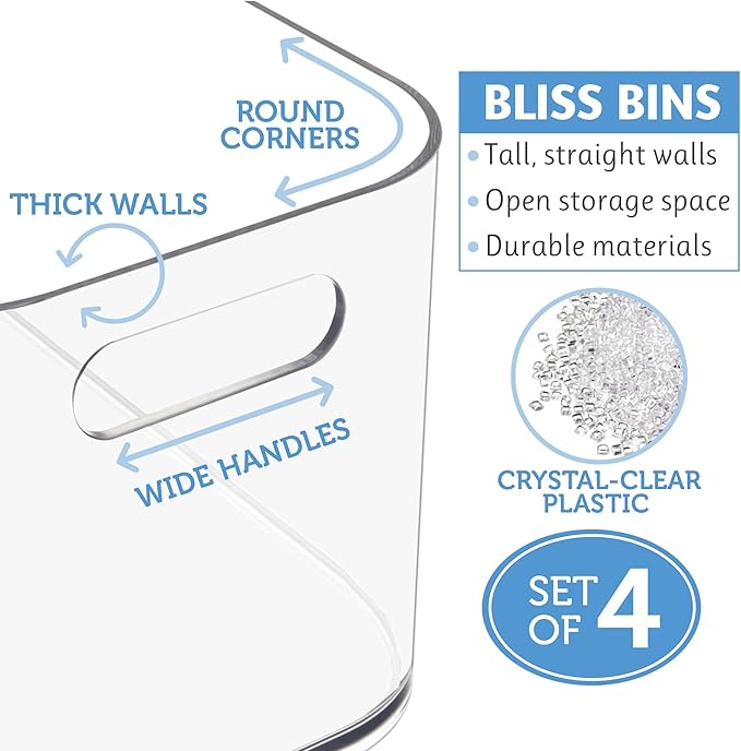 STORi Bliss 10" x 6" Open Clear Pantry Organizer Bin, Set of 4, Plastic Containers with Handle for Kitchen, Fridge, Cabinet, Closet, Bathroom, Undersink Storage Made in USA