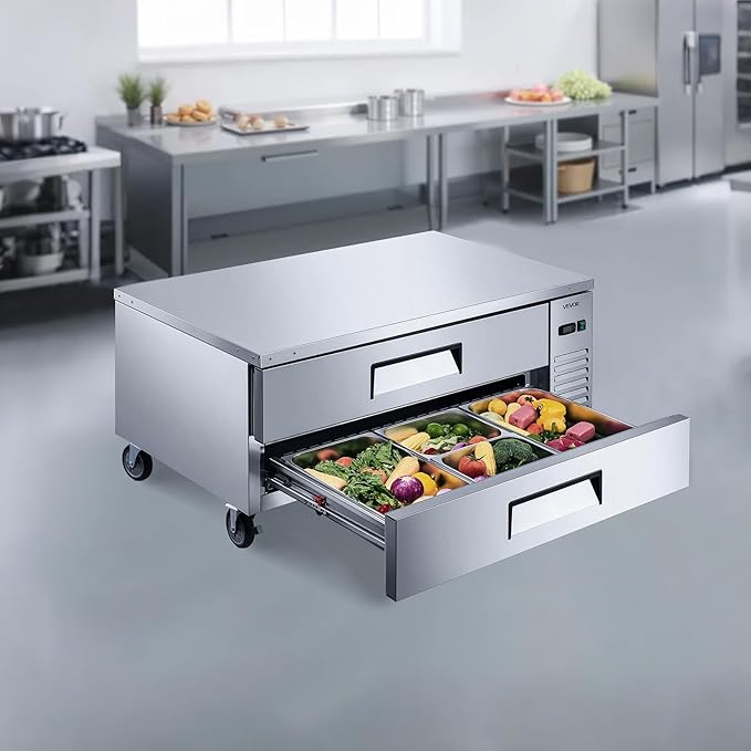 VEVOR Chef Base Refrigerator, 52" W Commercial Chef Bases Worktop Refrigerators, 2-Drawer Under Counter Fridge with 8 Pans Stainless Steel, Heavy-Duty Refrigerated Base, Invisible Door Handle