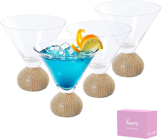 Martini Glasses Set of 4,Stemless Margarita Glasses,Unbreakable Crystal Fancy Cocktail Glasses,10 Oz Bar Glass,for Party,Birthday,Manhattan, Cosmopolitan, Home Bargifts Women (Gold Clear)