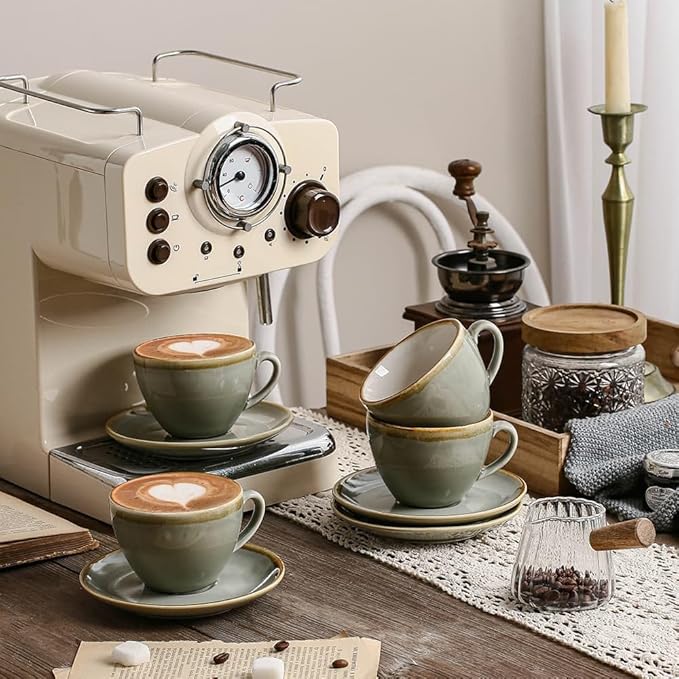 SHUER Ceramic Latte Coffee Cup Set of 4, 7.8 Oz Tea Cup and Saucers Sets,Glaze Americano Cups and Macchiato Coffee Cups,Low Tea Time Mug Set Great for Party (Light Cyan 220ML)