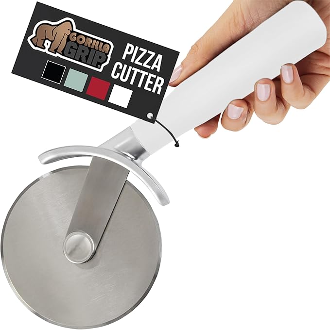 GORILLA GRIP BPA-Free Large Pizza Cutter Wheel, 9 Inch, Sharp Stainless Steel Blade, Slip Resistant Handle with Thumb Guard Protection, Slice Thick or Thin Pizzas, Pie, Pastries in Seconds, White