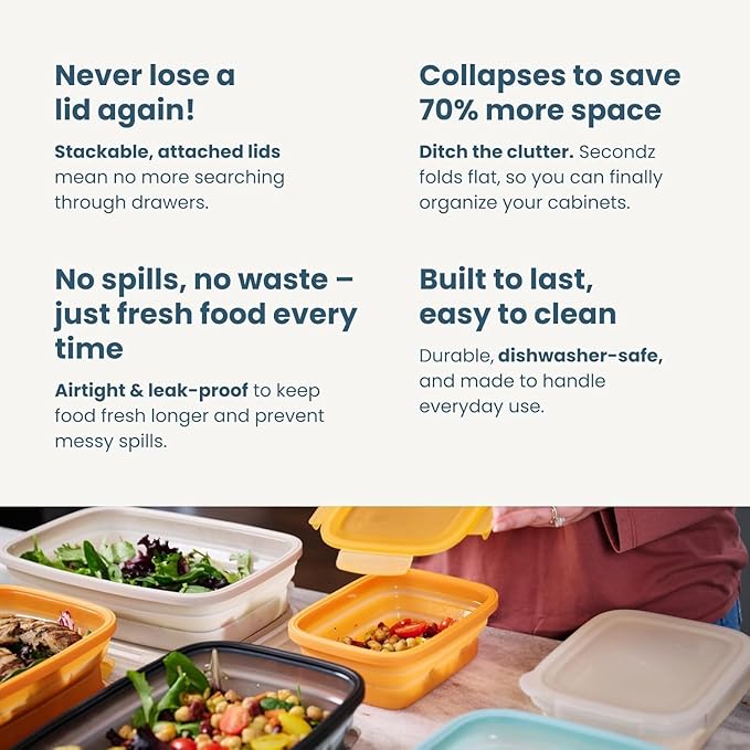 Drip EZ Secondz Collapsible Food Storage Containers – Set of 2, Space-Saving Airtight Meal Prep & Leftover Containers – Microwave, Freezer & Dishwasher Safe, BPA-Free, Locking Lids – Sandstone