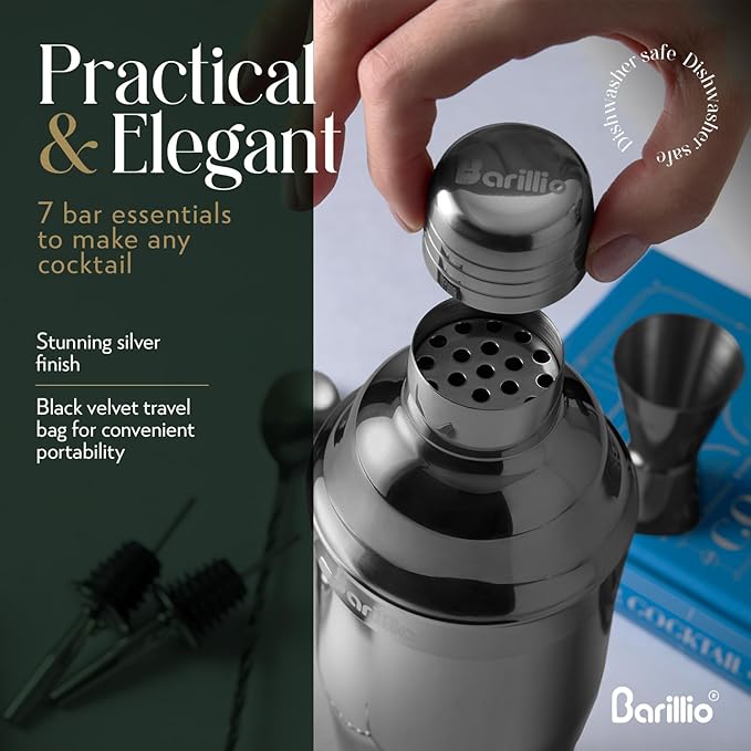 Barillio Black Mixology Bartender Kit - 8-Pc Stainless-Steel Travel Cocktail Shaker Set with Bag - Bar Tools w/Martini Shaker, Drink Mixer Spoon & Mojito Muddler for Cocktails - Bar & Bartending Kit