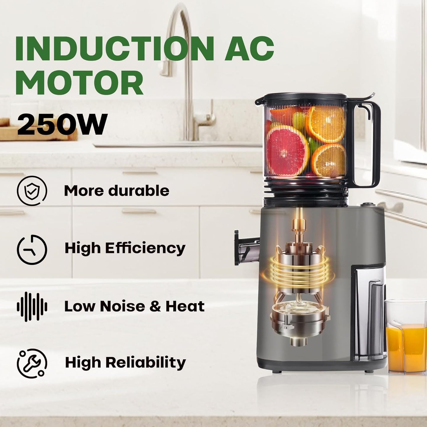 Cold Press Juicer, 5.4" Wide Feed Chute Juicer Machines for Vegetable and Fruit, Slow Masticating Juicer with AC Moter, Easy to Clean, AC-Black