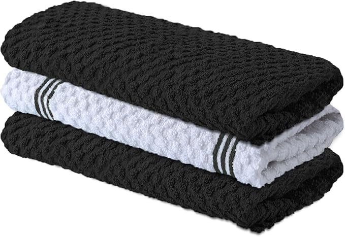 Infinitee Xclusives Premium Kitchen Towels – Pack of 3, 100% Cotton |15 x 25| Inches Absorbent Dish Towels - Terry Kitchen Dishcloth Towels - Black Dish Cloth for Household Cleaning