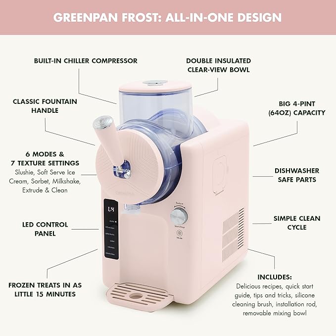 GreenPan Frost Ice Cream Machine & Frozen Drink Maker, Soft Serve, Slushie, Milkshakes & Cocktails, No Freezer Needed, 15-in-1, 7 Textures, Quiet & Rapid, Easy Clean, Family Size, Strawberry Pink