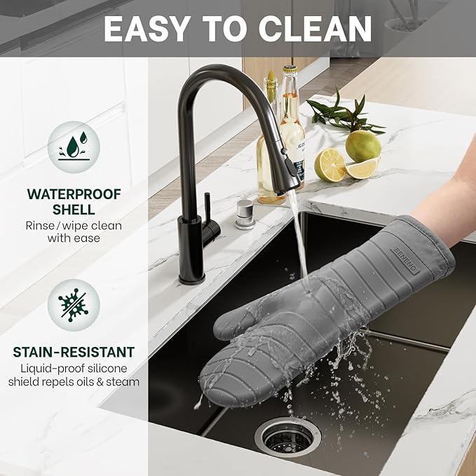 Beneno Premium Silicone Oven Mitts 2-Pack Heat Resistant 500°F, Soft Flexible Non-Slip Grips, BPA-Free & Waterproof Oven Mitts with Comfortable Cotton Lining for Baking, Grilling, Cooking, 7"x13" Gray