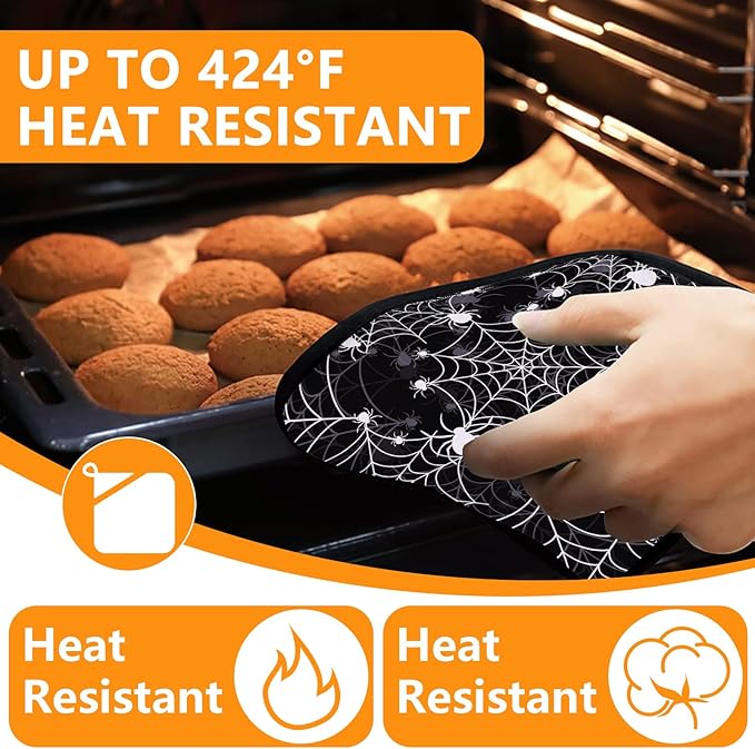 Spider Web Oven Mitts and Pot Holders Sets 4Pcs,Extra Long Oven Gloves Potholder for Kitchen Cooking Baking BBQ 100% Cotton Heat Resistant