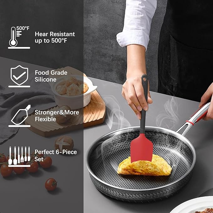 Silicone Spatula Set of 6, Food Grade, High Temperature Resistant, Dishwasher Safe, Suitable for Kitchen Baking, Cooking (Red)