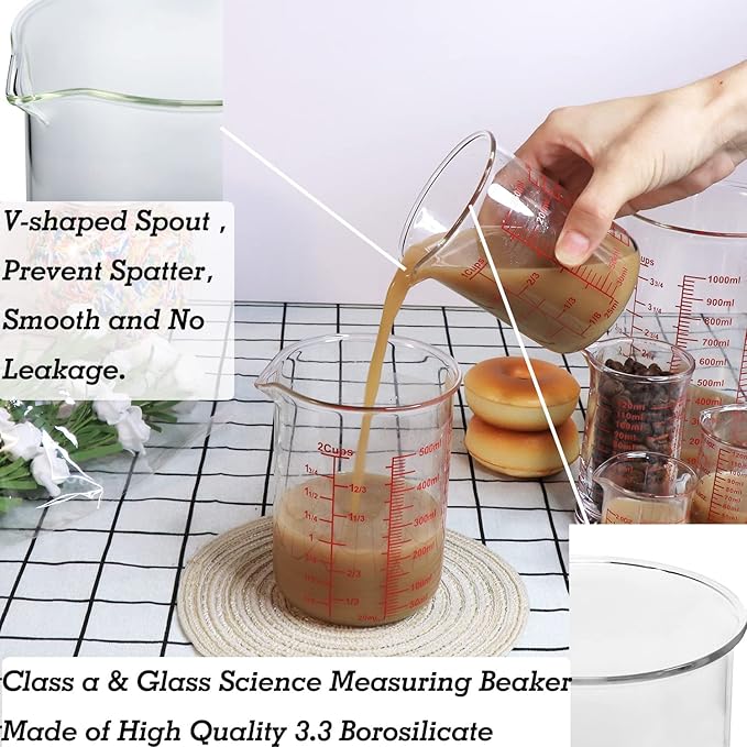 3 Piece Glass Measuring Cup Set, Includes 1/2-Cup, 1-Cup, and 2-Cup High Borosilicate Glasss Liquid Measuring Cups, Dishwasher, Freezer, Microwave, and Preheated Oven Safe, Essential Kitchen Tools