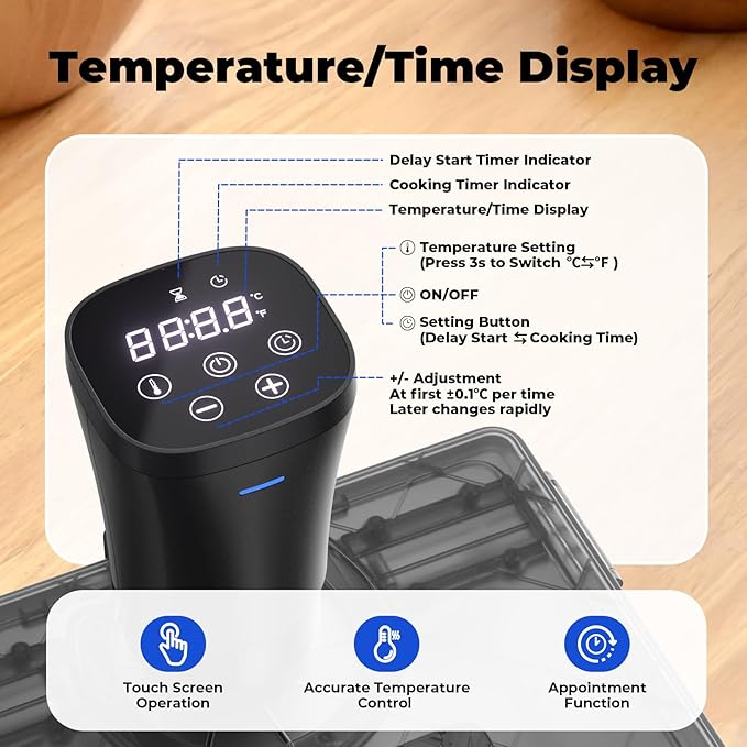 Sous Vide Machine Cooker, Immersion Circulator with Recipe, 1000W, Delay Start Function, Temp and Time Digital Display Control