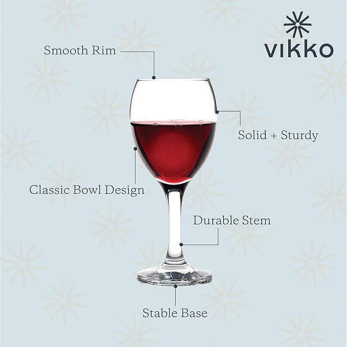 Vikko 8.5 Ounce Small Wine Glasses, Set of 6, Clear Glass, Durable Stem, Dishwasher Safe
