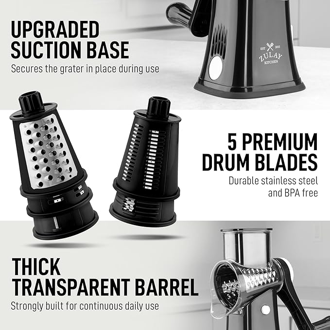 Zulay Kitchen Rotary Cheese Grater 5 Blade Cheese Shredder - Manual Hand Crank Cheese Grater With Reinforced Suction & 5 Interchangeable Drums - Easy to Use, Vegetable Chopper Round Mandoline Slicer