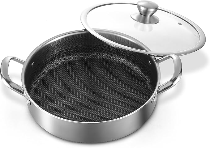 Stainless Steel Saute Pan 12 inch Deep Frying Pan,5 Quarts Nonstick Skillet Large Sauté Pan with Lid,PFOA Free Cookware,Induction Compatible Chef Cooking Pan,Dishwasher & Oven Safe