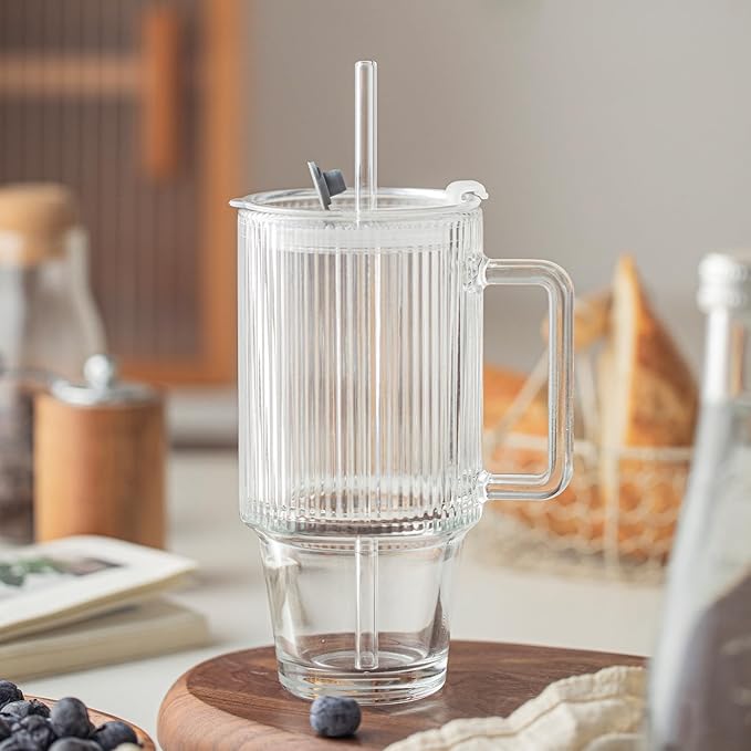 KEMORELA 24 Oz Ribbed Glass Tumblers with Lids and Straws, Tumbler Cup with Handle, Iced Coffee Glassware, Clear Reusable Drinkware for Smoothies and Beverages (1)