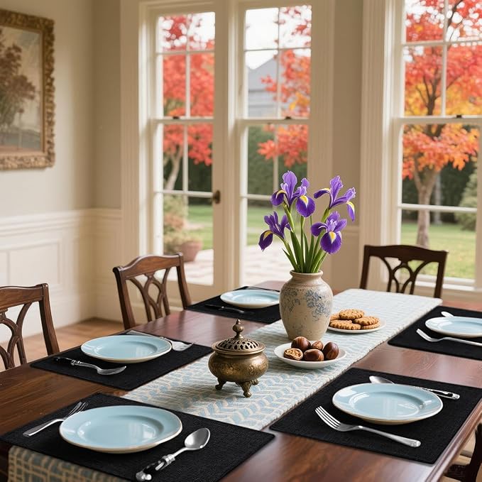 Homaxy Cloths Placemats for Dining Table Set of 4, Heat Resistant Washable Cotton Linen Blend Table Mats, Easy to Clean Place Mats for Indoor Outdoor Party Kitchen Decoration, 13" x 19", Black