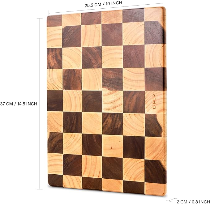 TJ POP End Grain Cutting Board - Heavy Duty Acacia/Rubber Wood For Kitchen, Flippable Serving Board For Meat, Bread & Fruits, Rectangle, 14.5 x 10 x 0.8 Inch