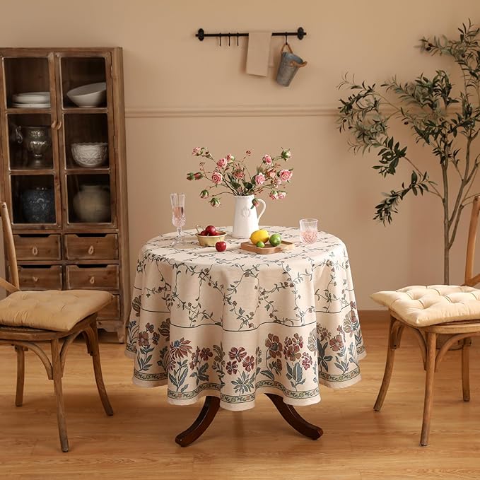 patdrea Designer Floral Linen Table Cloth Durable Breathable Tabletop Cover Dacorative Kitchen Dining Tablecloth for Round Tables for Kitchen Dining Parties,Holiday Christmas,Diameter 55"