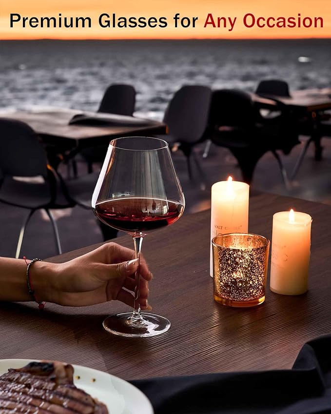 JBHO Set of 4-21 Ounce Hand Blown Italian Style Crystal Burgundy Wine Glasses - Lead-Free Premium Crystal Clear Glass - Gift-Box for any Occasion