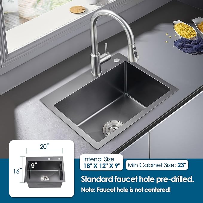 ROVOGO 20x16x9 in. Kitchen Sink Black Top Mount Single Bowl 2 Hole, 304 Stainless Steel Handmade Drop-in Bar Prep Small Sink