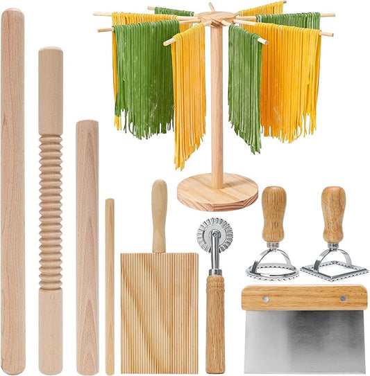 Pasta Making Tools 9 Pcs with Pasta Drying Rack, Threaded Rolling Pin, 2 Rolling Pins, Gnocchi Board, Dough Cutter, Wheel Cutter, 2 Ravioli Stamps,Pasta Making Kit Accessories for Home