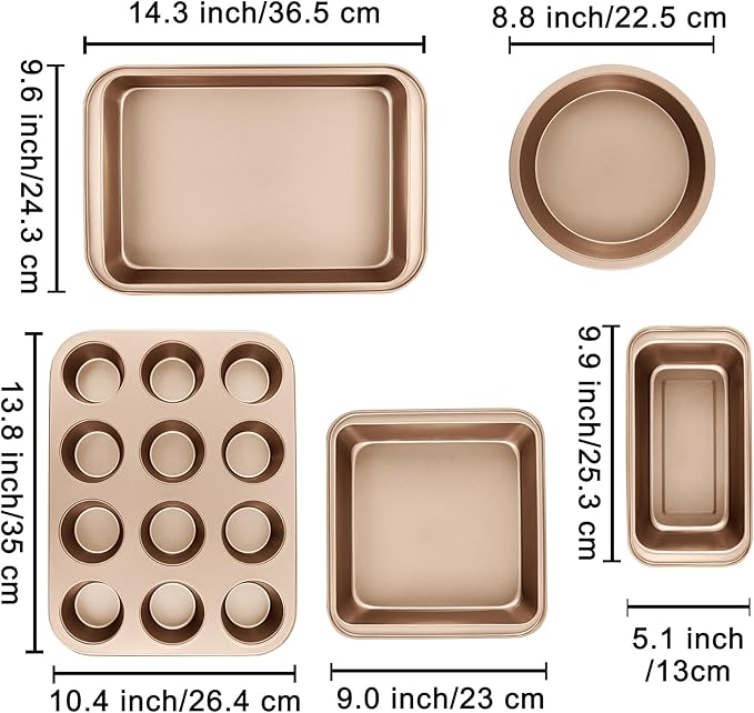 Nonstick Baking Pans Set, 5-Piece Kitchen Baking Sheets for Oven, Bakeware Sets with Round/Square Cake Pan, Muffin Pan, Loaf Pan, Roast Pan, mobzio Cookie Sheet Set Baking Supplies (Champagne Gold)